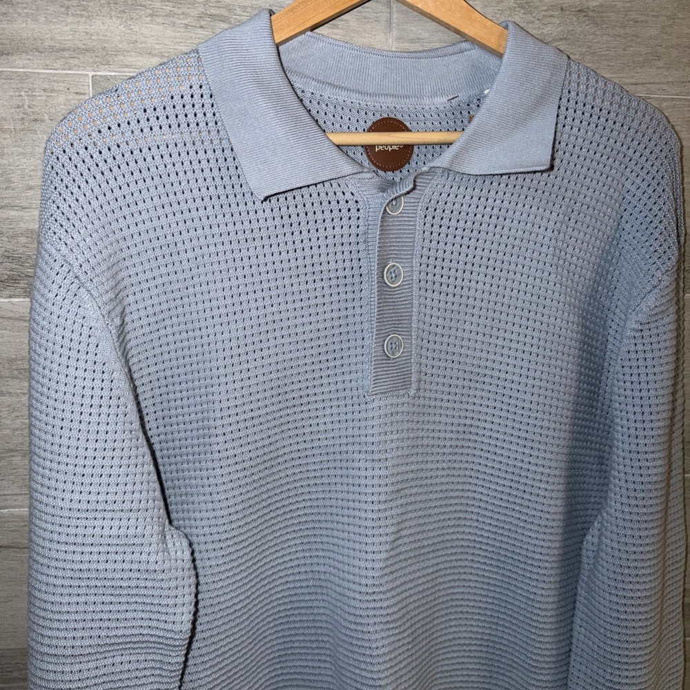 Common People Men's Medium Massie Long Sleeve Textured Sweater Polo Blue NWT - Picture 5 of 8
